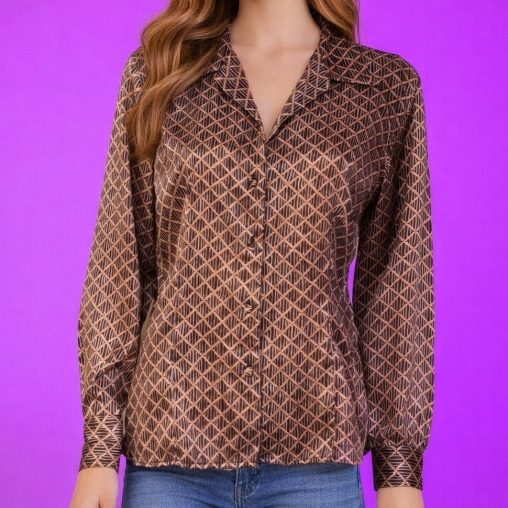 VTG TESS 1980s Satin Basketweave Rope Button Down Long Sleeve Holiday Shirt